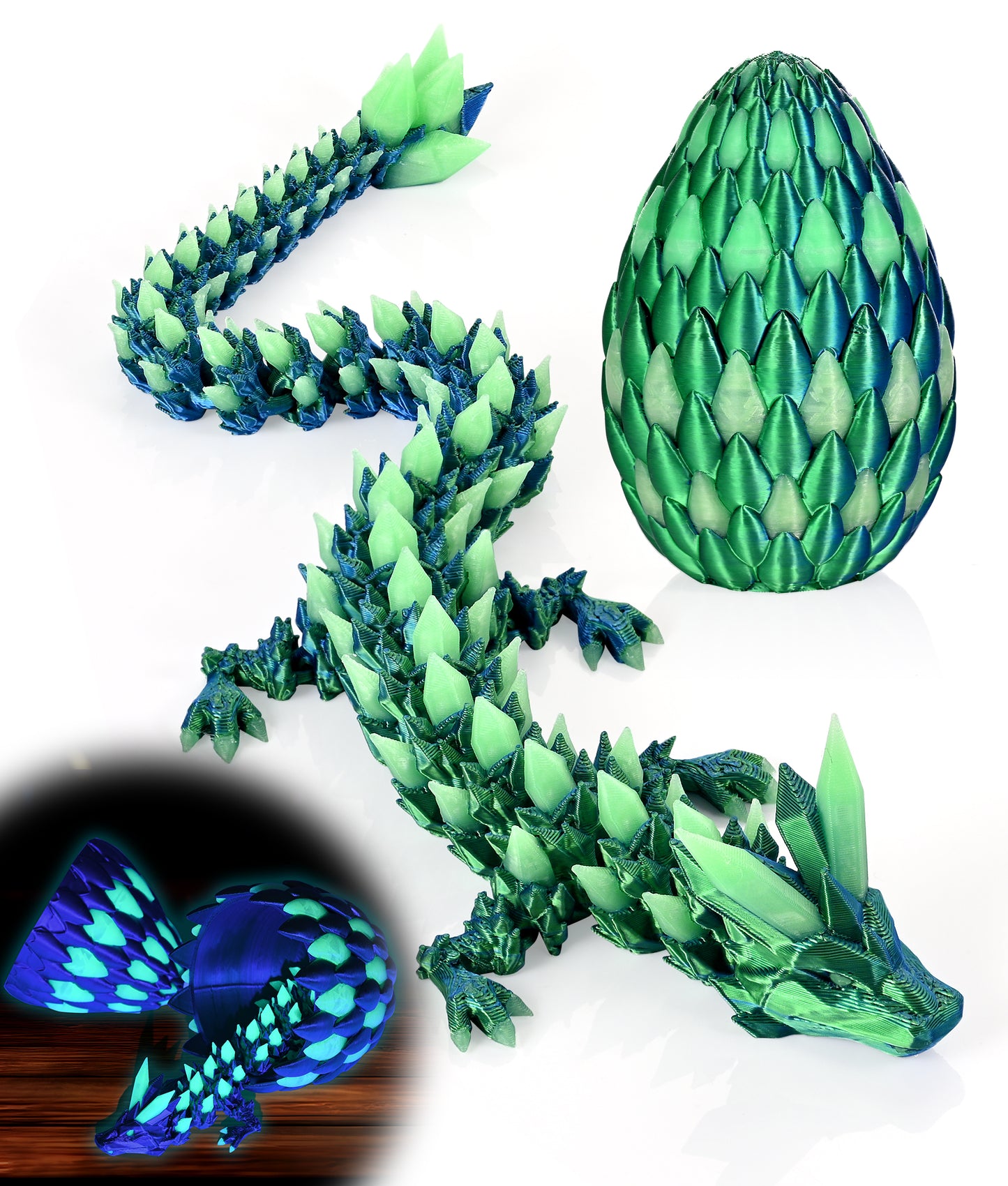Glow in the Dark 3D Printed Dragon Fidget Toy with Egg (Laser Green)