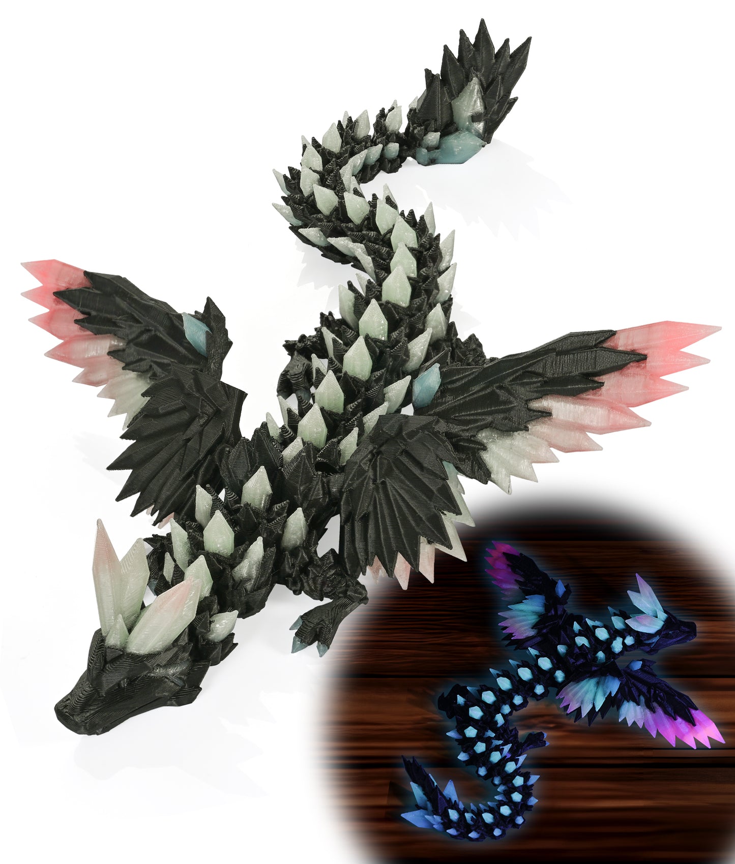 Glow in the Dark 3D Printed Dragon Fidget Toy with Wings (Rainbow)