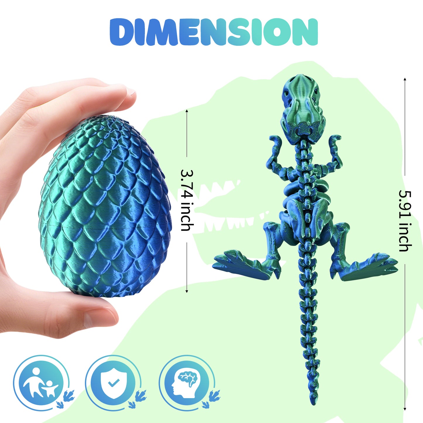 3D Printed Dinosaur Fidget Toy T-Rex with Egg (Laser Green)