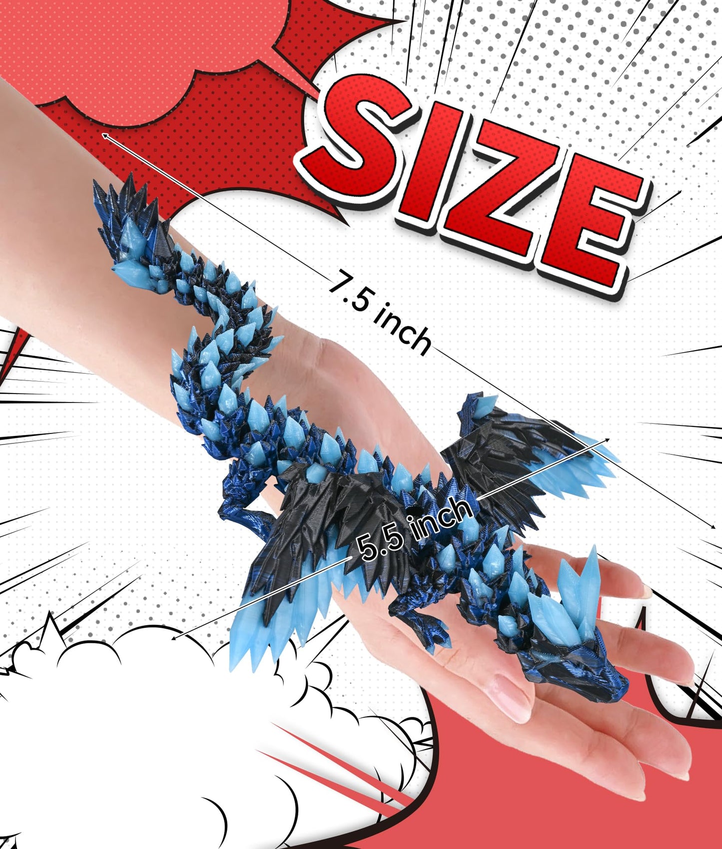 Glow in the Dark 3D Printed Dragon Fidget Toy with Wings (Laser Blue)