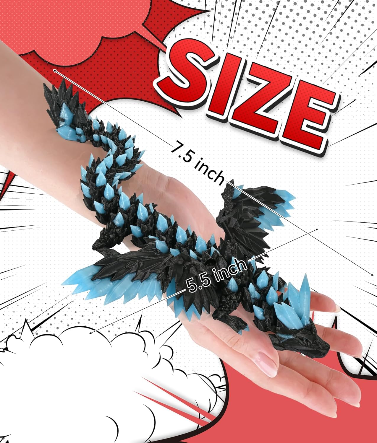 Glow in the Dark 3D Printed Dragon Fidget Toy with Wings (Dark)