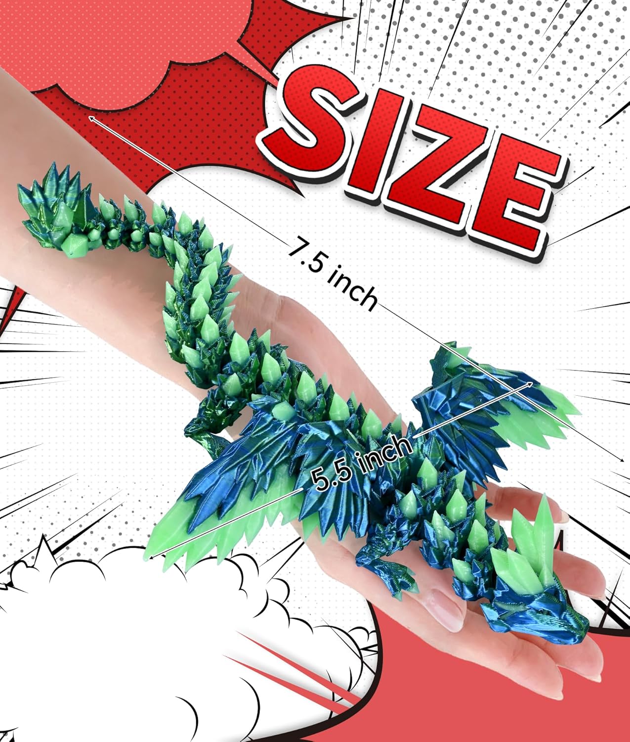 Glow in the Dark 3D Printed Dragon Fidget Toy with Wings (Laser Green)