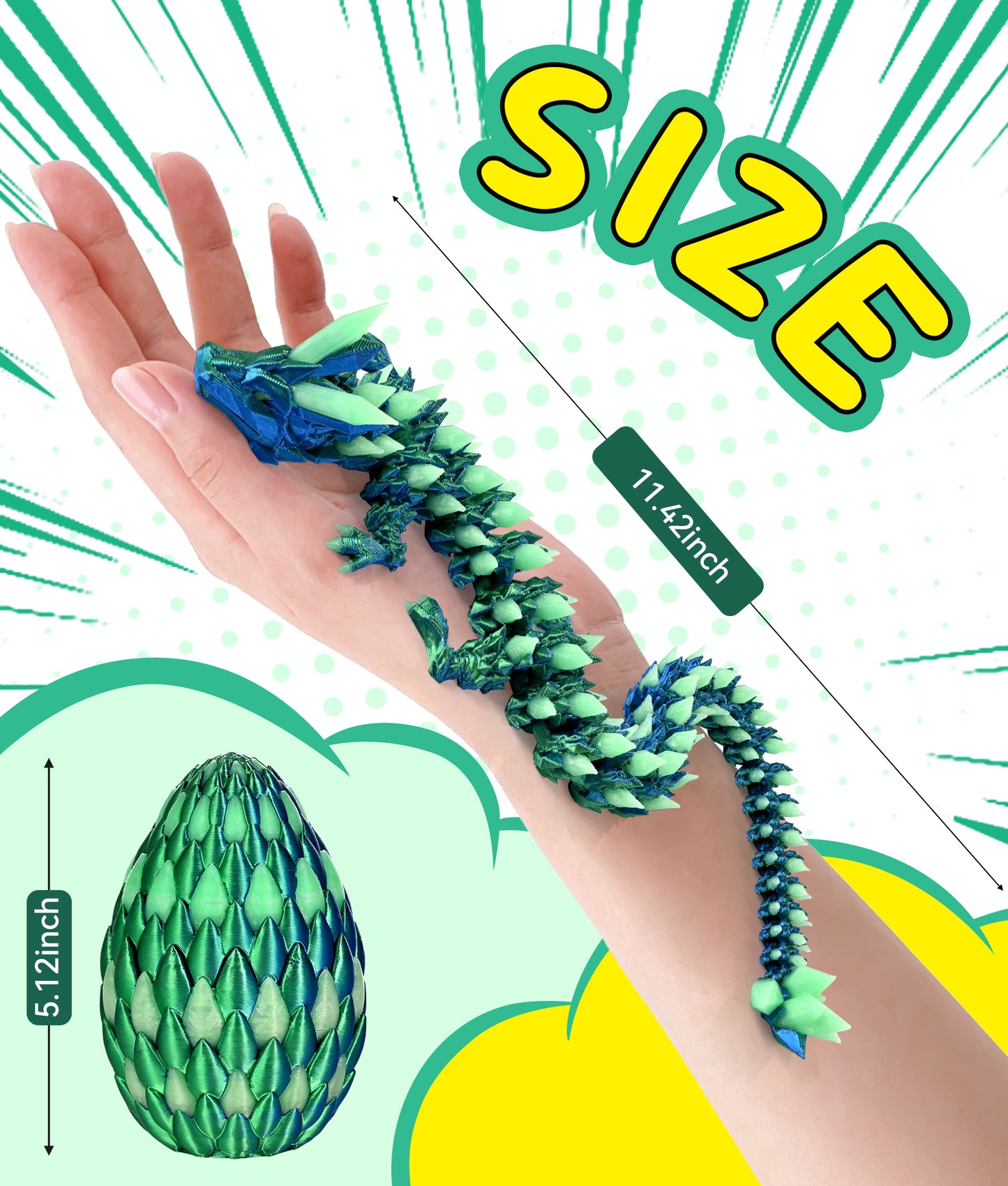 Glow in the Dark 3D Printed Dragon Fidget Toy with Egg (Laser Green)