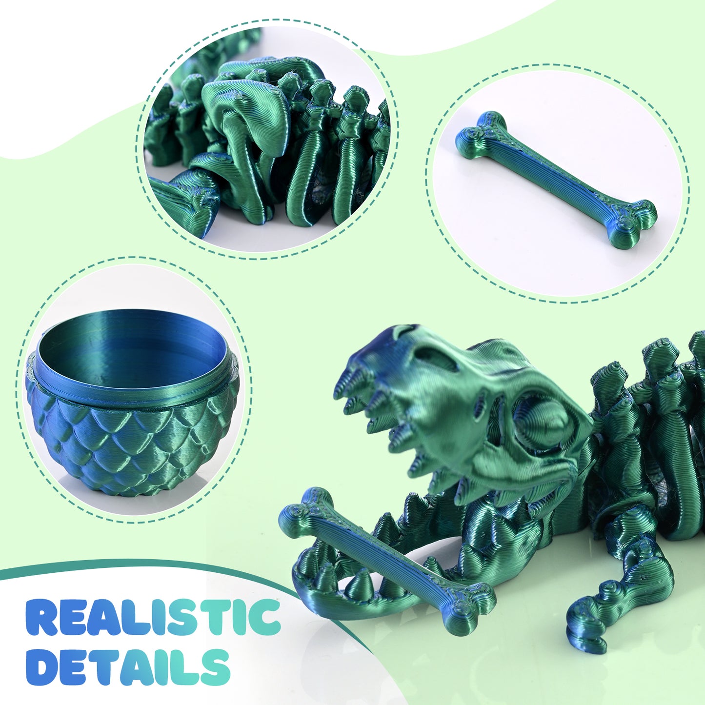 3D Printed Dinosaur Fidget Toy T-Rex with Egg (Laser Green)