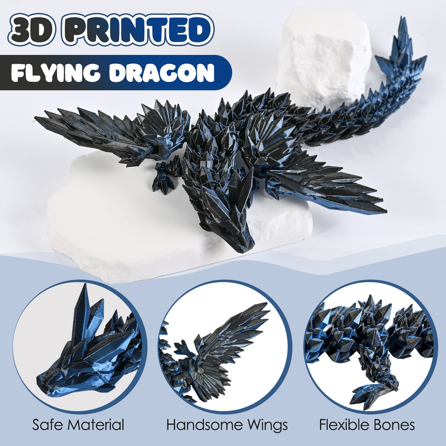 3D Printed Dragon Fidget Toy with Wings (Dark Blue)