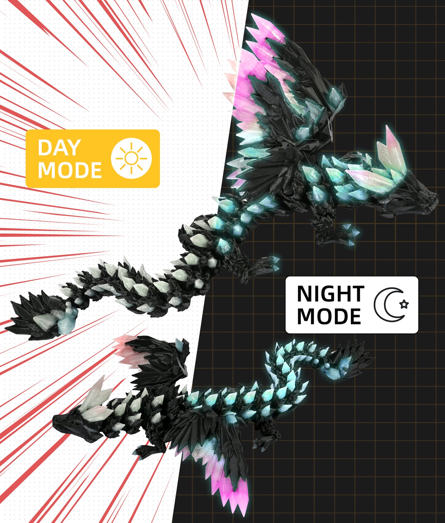 Glow in the Dark 3D Printed Dragon Fidget Toy with Wings (Rainbow)