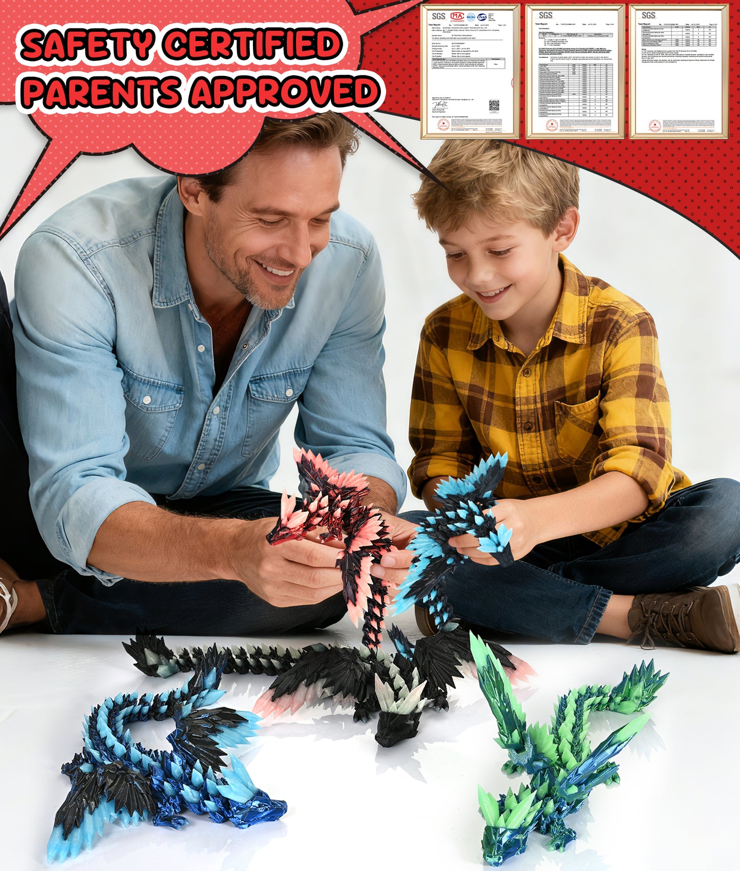Glow in the Dark 3D Printed Dragon Fidget Toy with Wings (Rainbow)