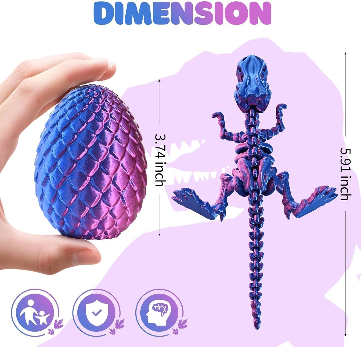 3D Printed Dinosaur Fidget Toy T-Rex with Egg (Laser Purple)