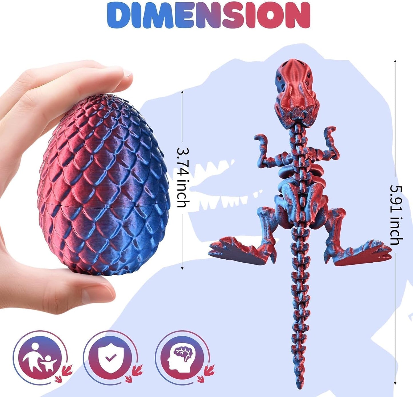 3D Printed Dinosaur Fidget Toy T-Rex with Egg (Laser Red)
