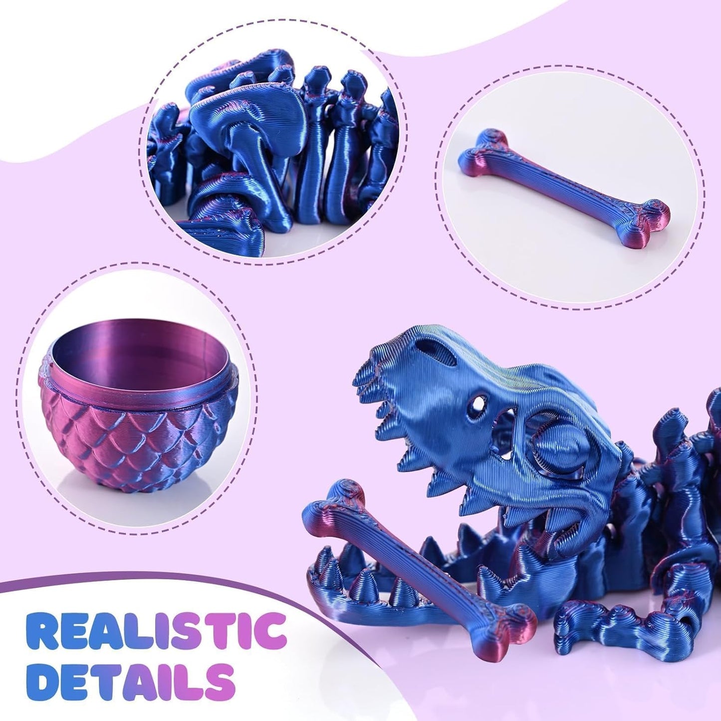 3D Printed Dinosaur Fidget Toy T-Rex with Egg (Laser Purple)
