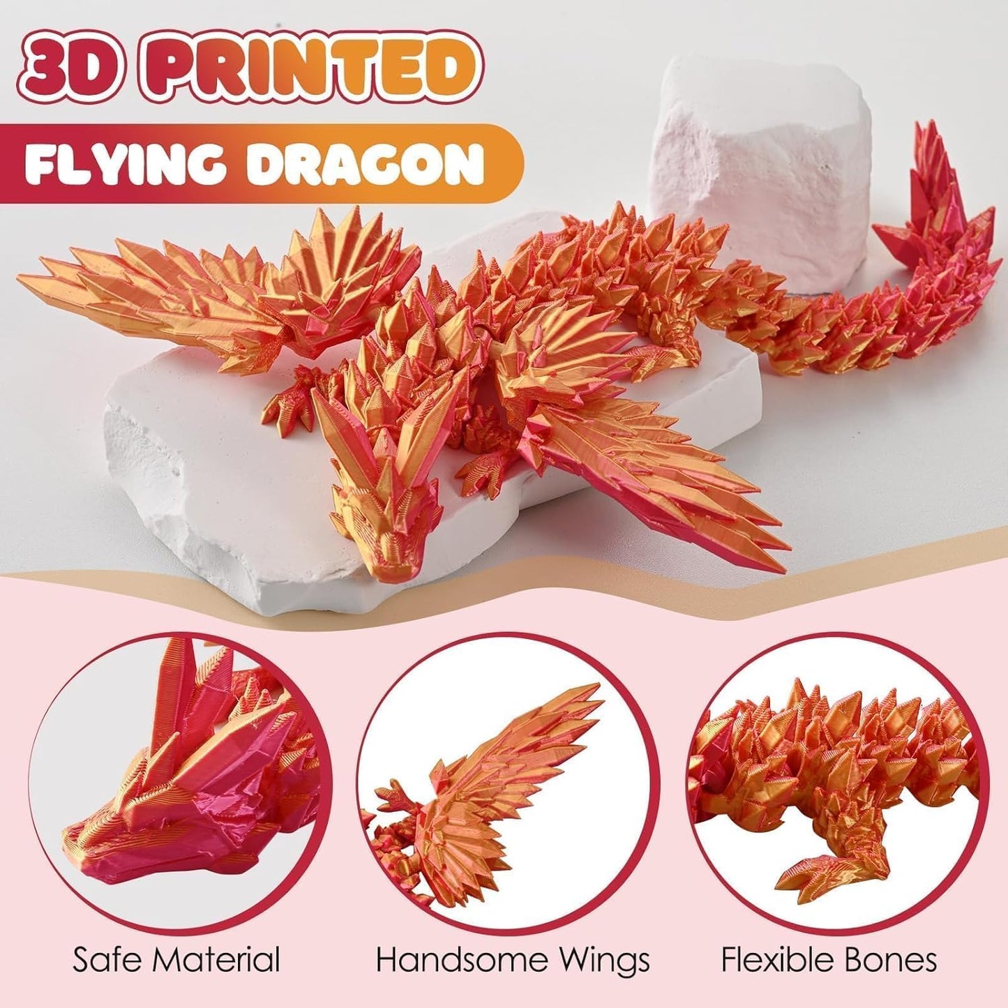 3D Printed Dragon Fidget Toy with Wings (Golden Red)