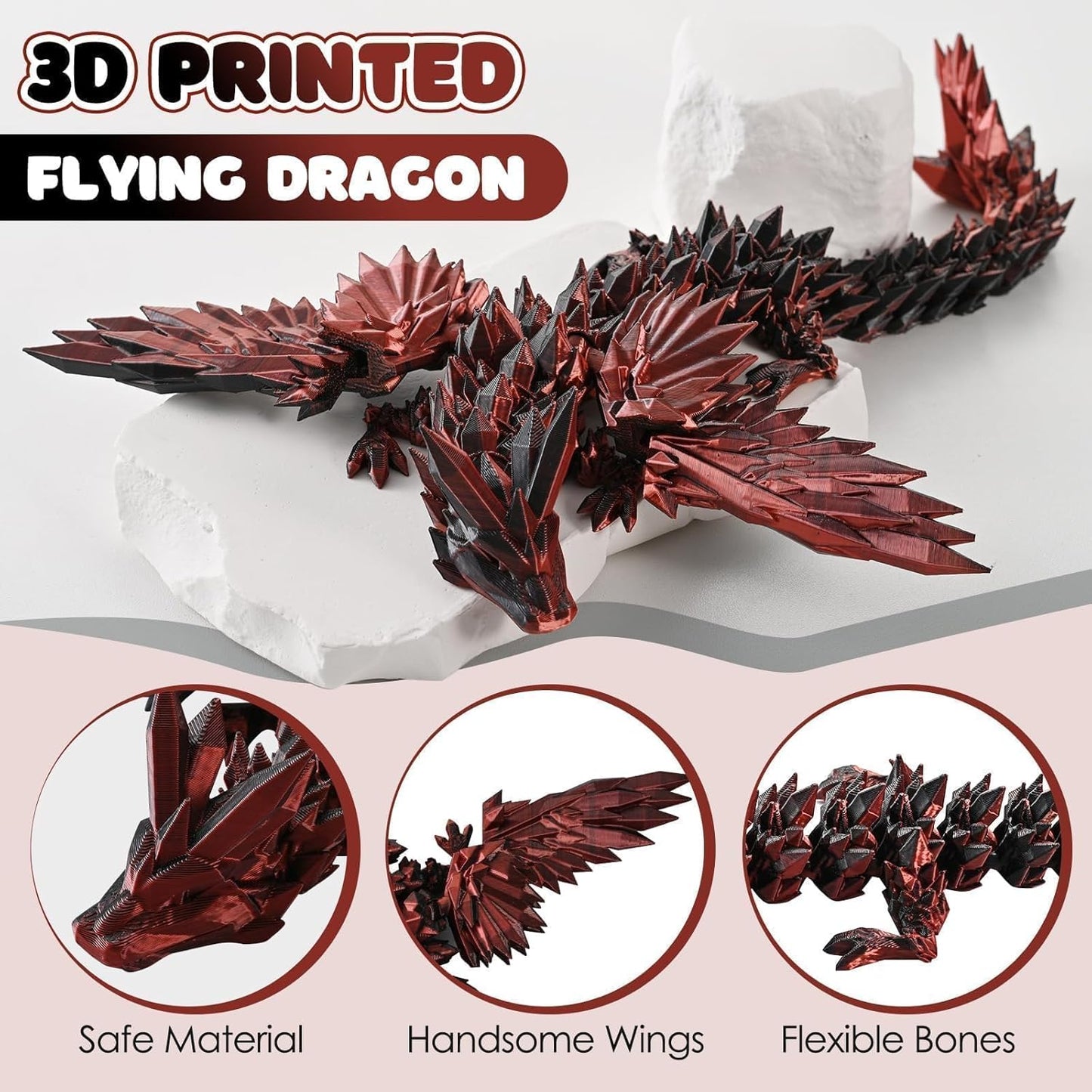 3D Printed Dragon Fidget Toy with Wings (Dark Red)