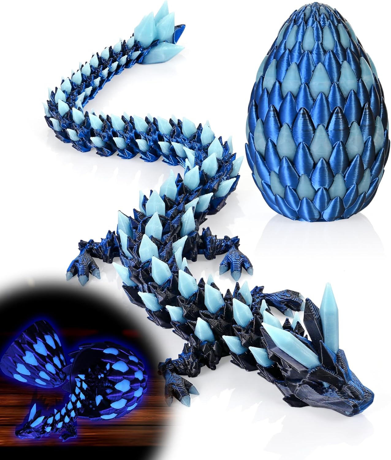 Glow in the Dark 3D Printed Dragon Fidget Toy with Egg (Laser Blue)