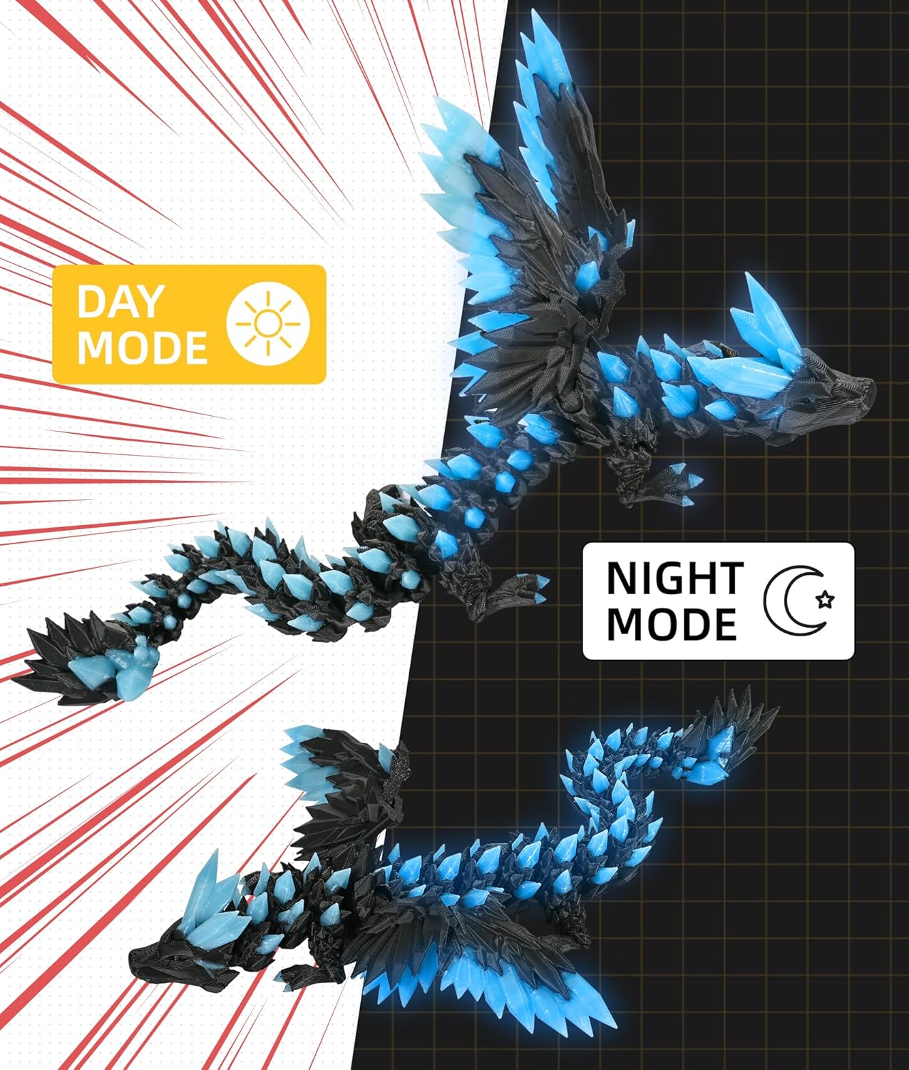 Glow in the Dark 3D Printed Dragon Fidget Toy with Wings (Dark)