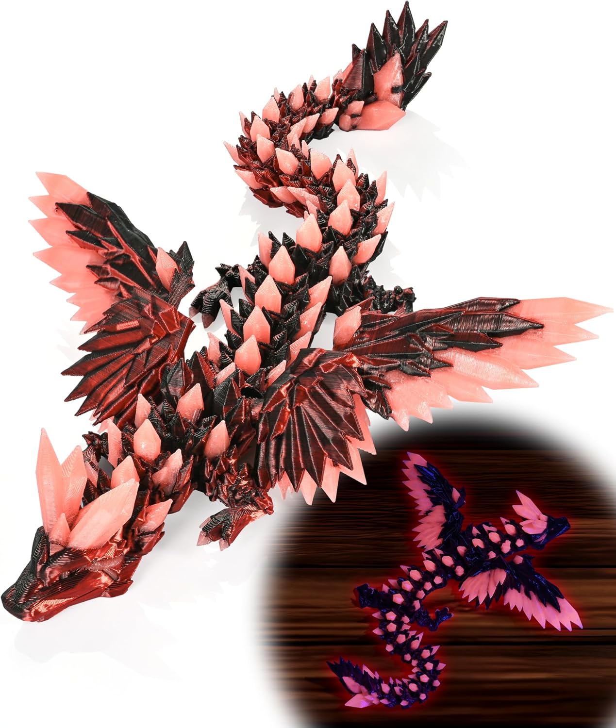 Glow in the Dark 3D Printed Dragon Fidget Toy with Wings (Laser Red)