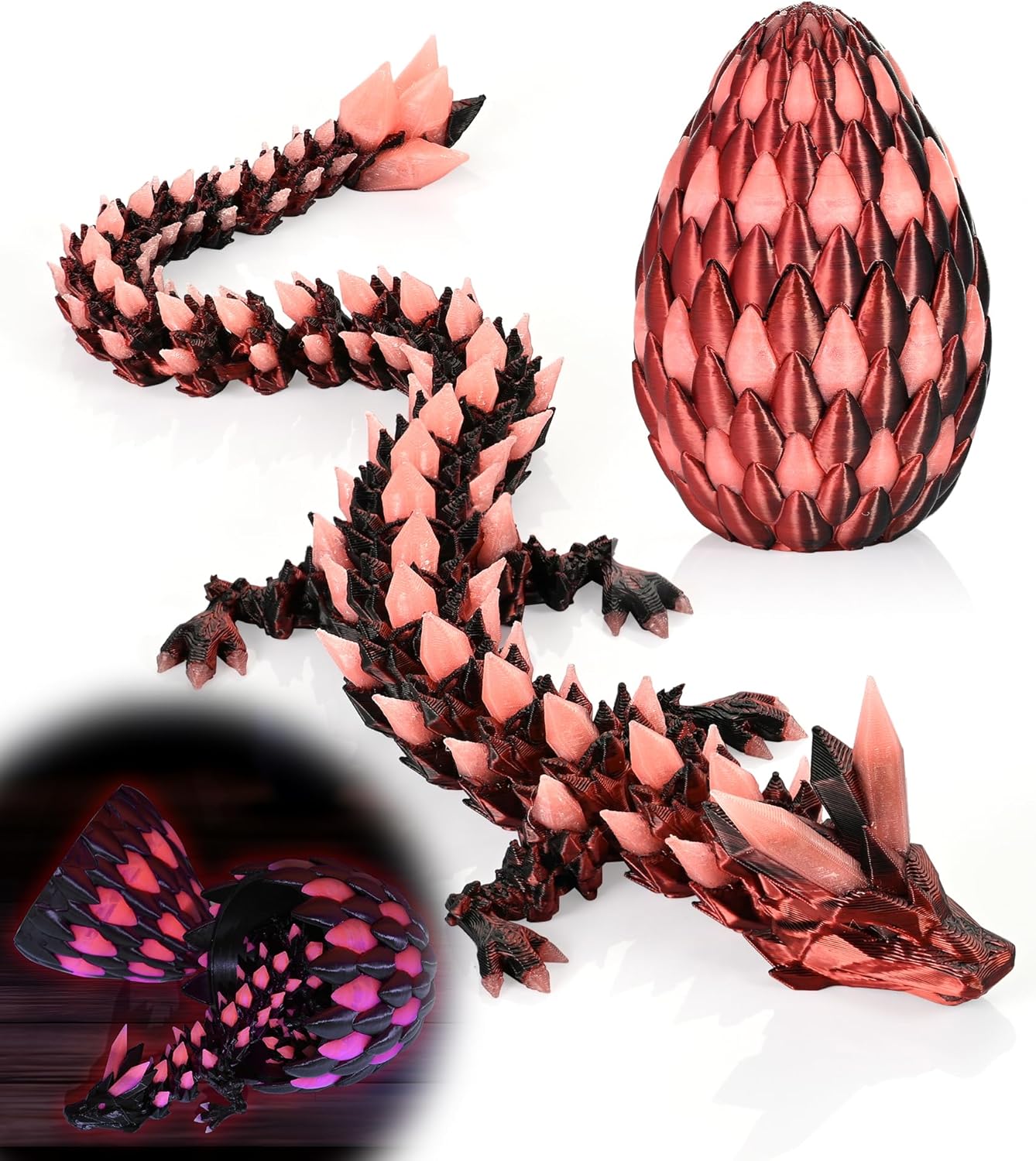Glow in the Dark 3D Printed Dragon Fidget Toy with Egg (Laser Red)