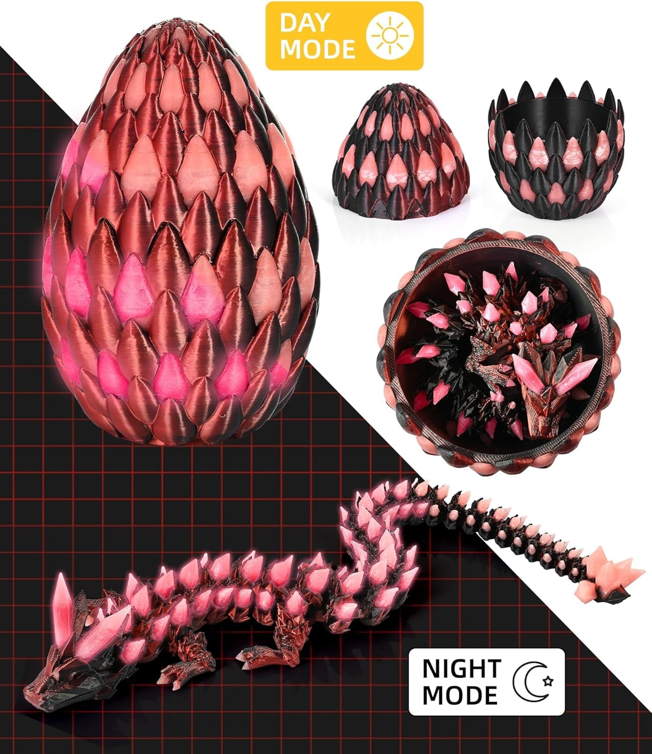 Glow in the Dark 3D Printed Dragon Fidget Toy with Egg (Laser Red)