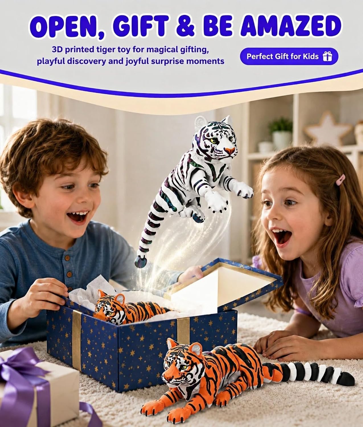 White tiger 3D printed animal toy lifestyle image