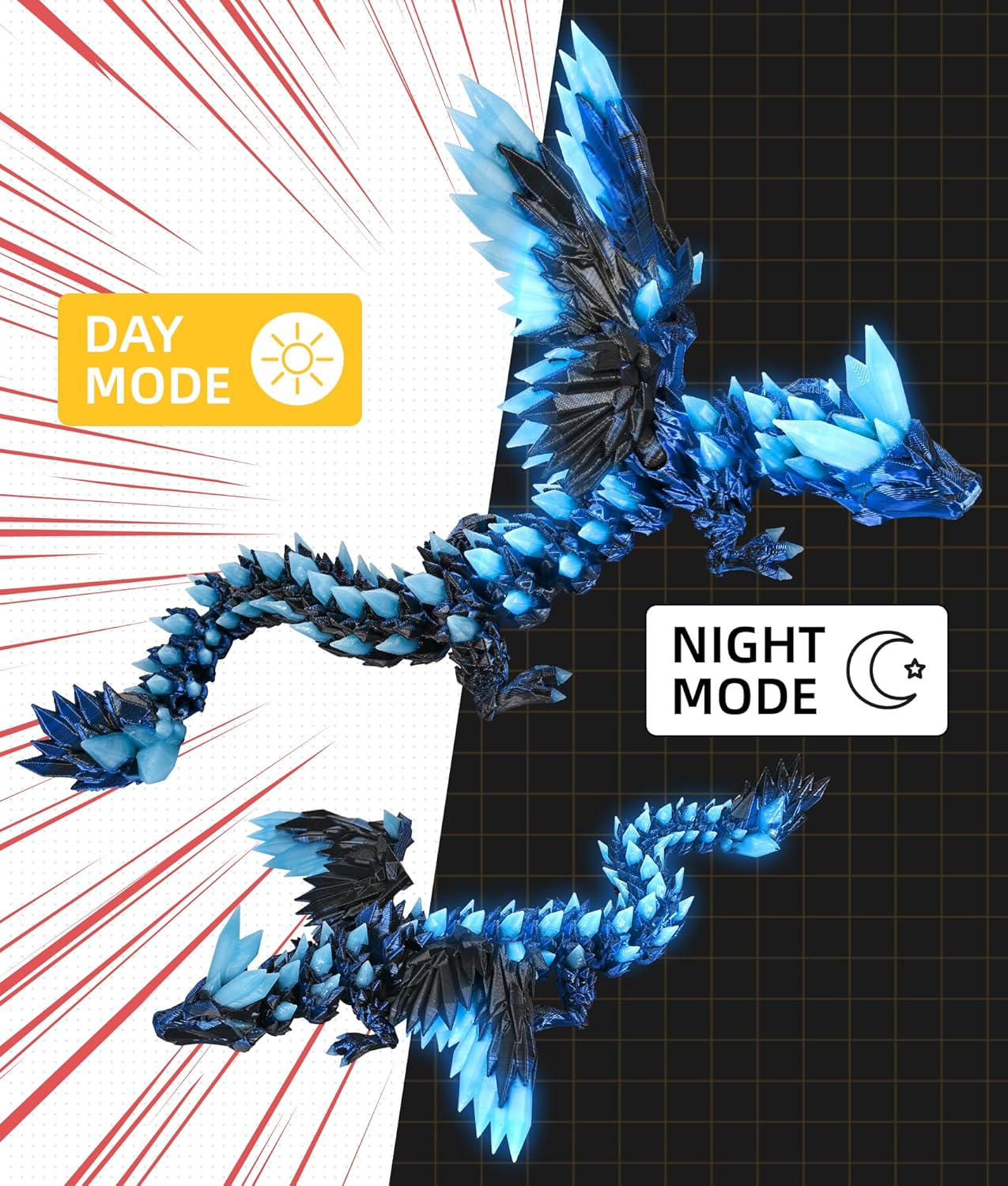 Glow in the Dark 3D Printed Dragon Fidget Toy with Wings (Laser Blue)