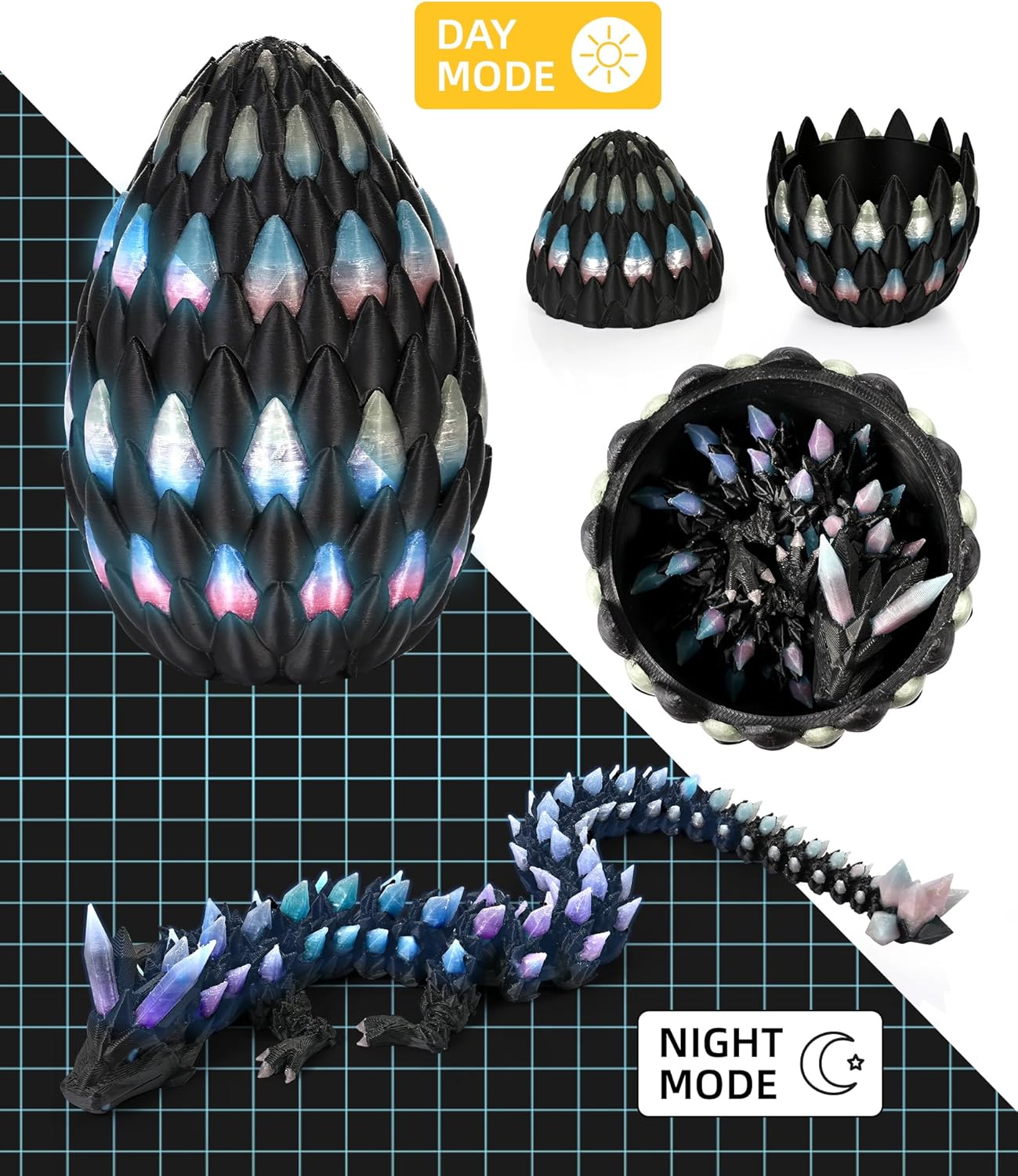 Glow in the Dark 3D Printed Dragon Fidget Toy with Egg (Rainbow)