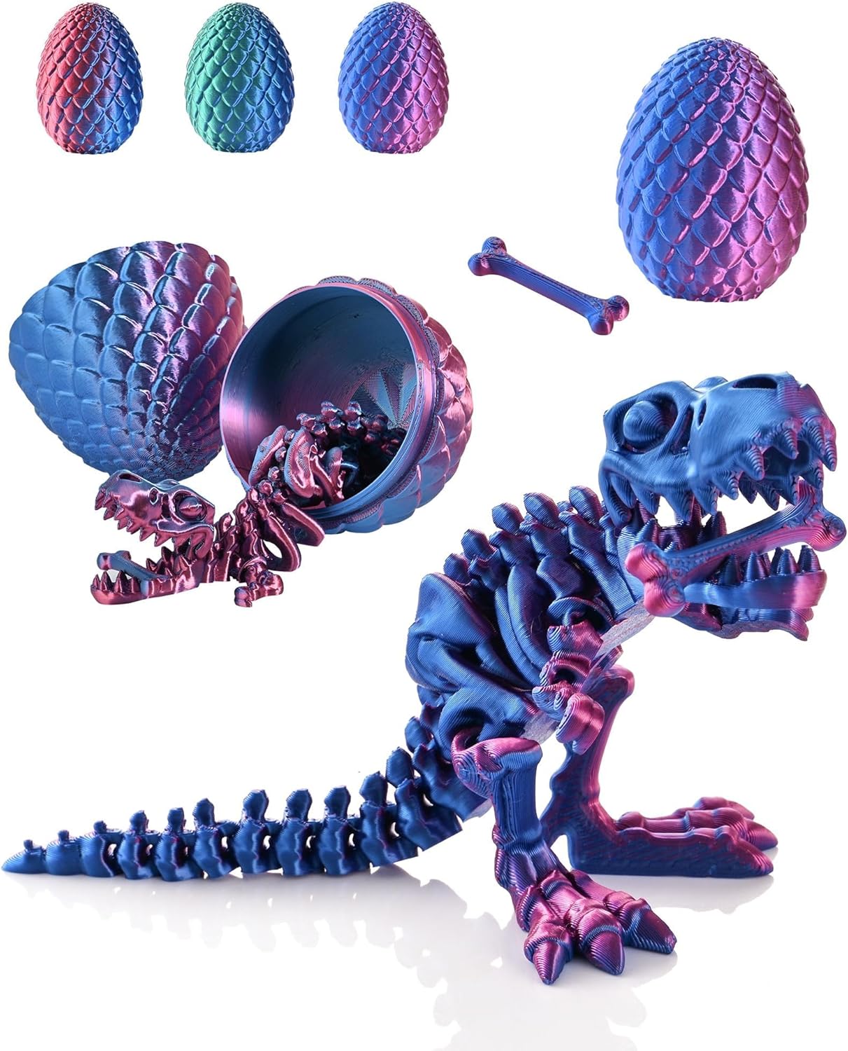3D Printed Dinosaur Fidget Toy T-Rex with Egg (Laser Purple)