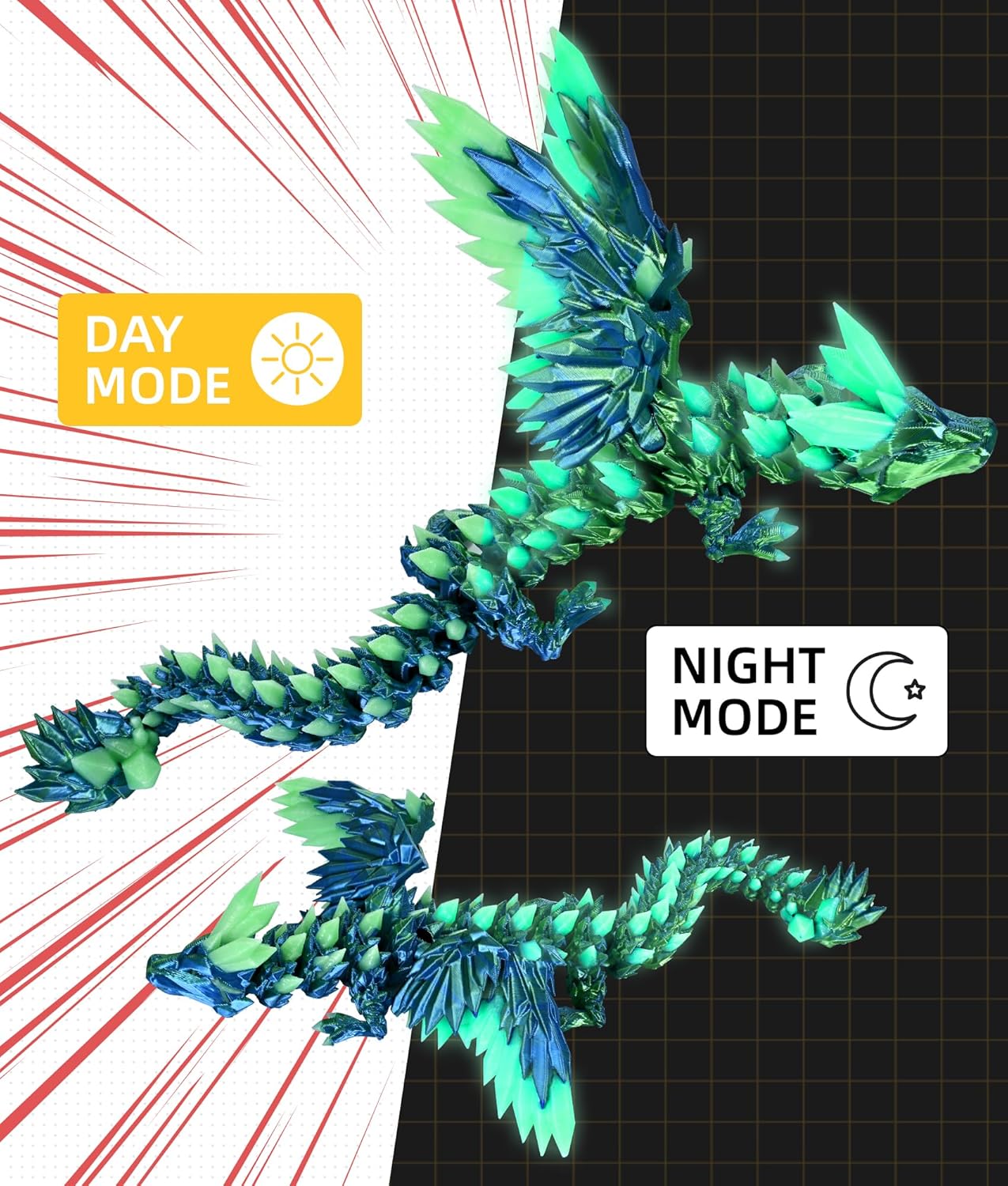Glow in the Dark 3D Printed Dragon Fidget Toy with Wings (Laser Green)