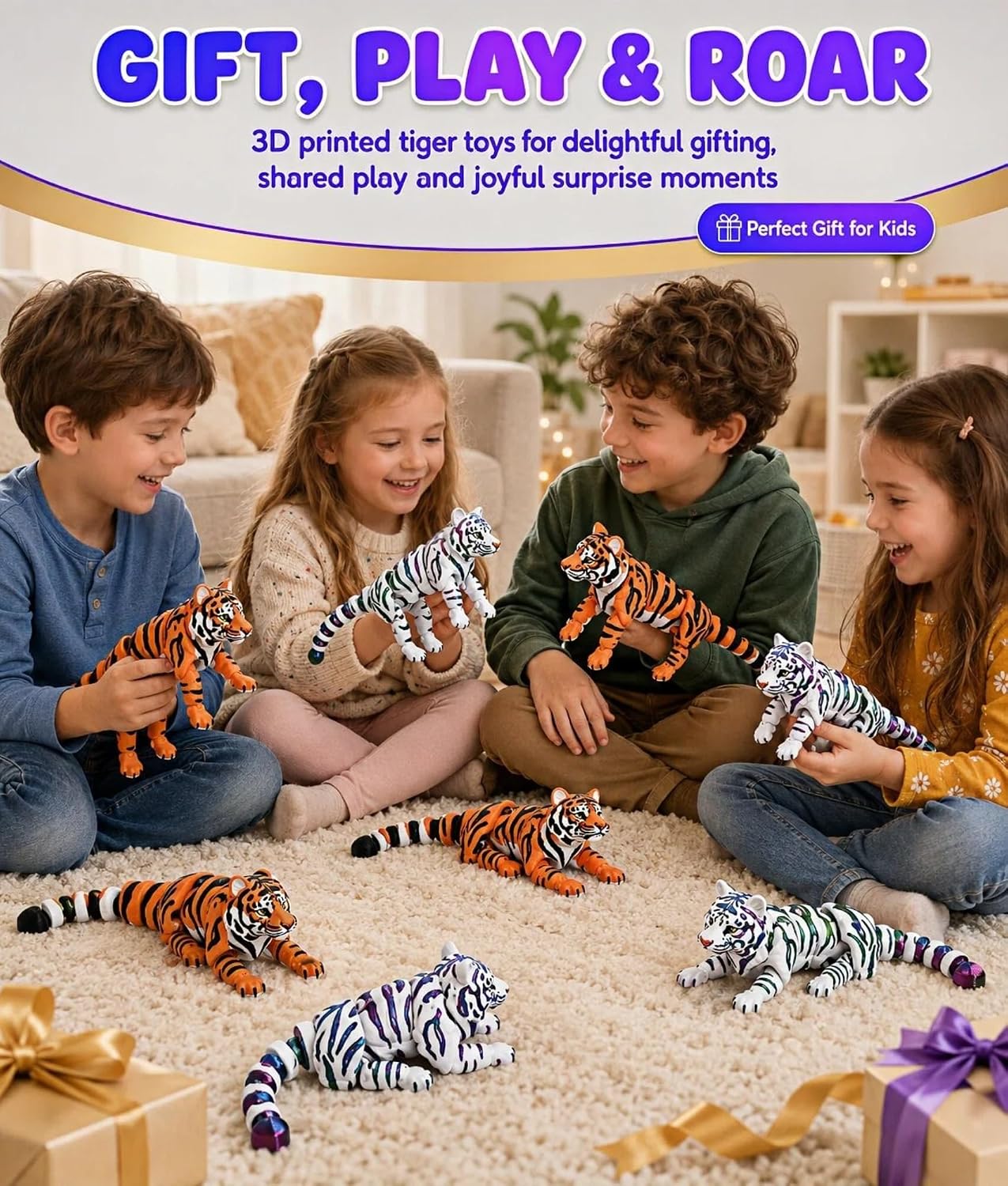 White tiger 3D printed toy size and pose view