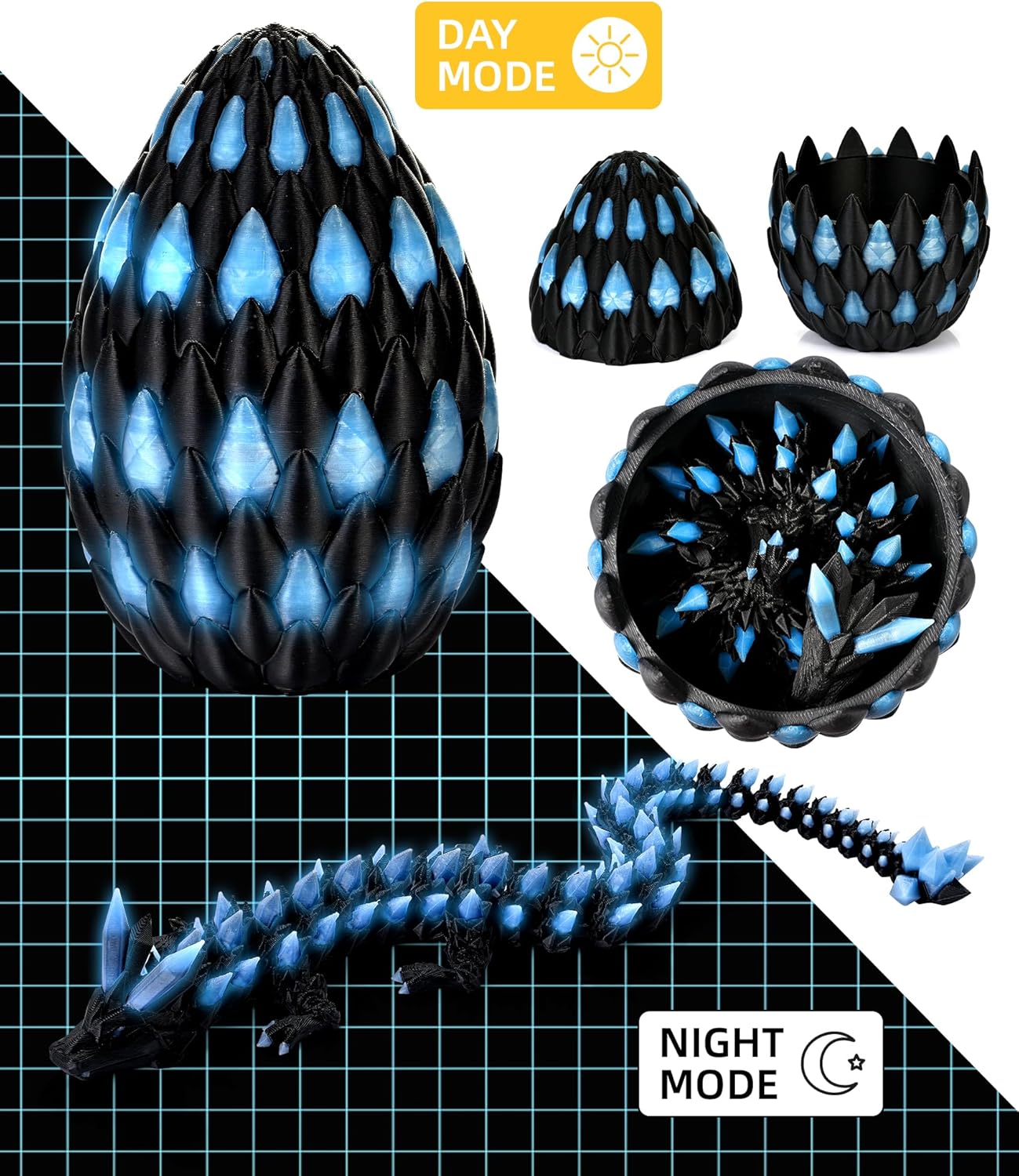 Glow in the Dark 3D Printed Dragon Fidget Toy with Egg (Dark)