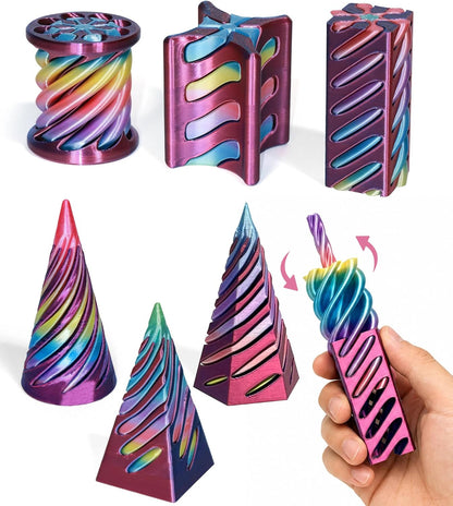 Six 3D printed impossible cone fidget toys in assorted geometric shapes