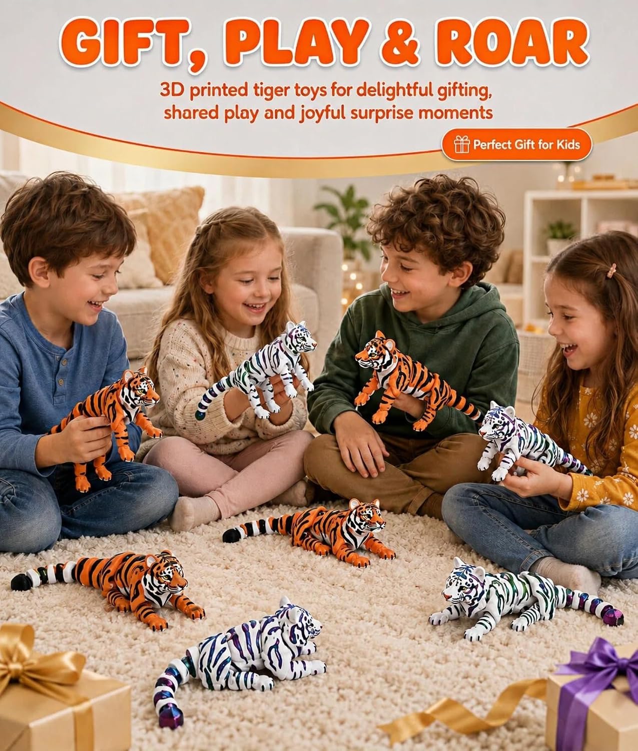 Yellow tiger 3D printed toy size and pose view