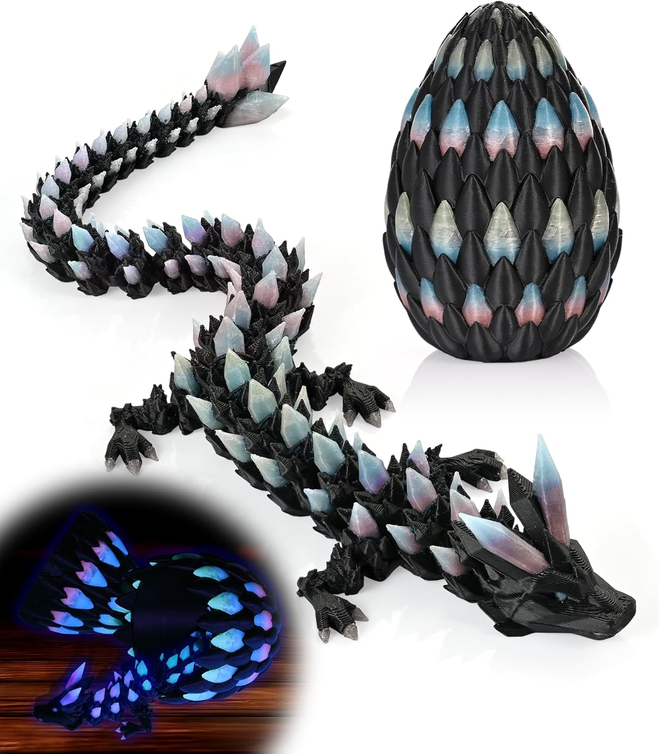 Glow in the Dark 3D Printed Dragon Fidget Toy with Egg (Rainbow)