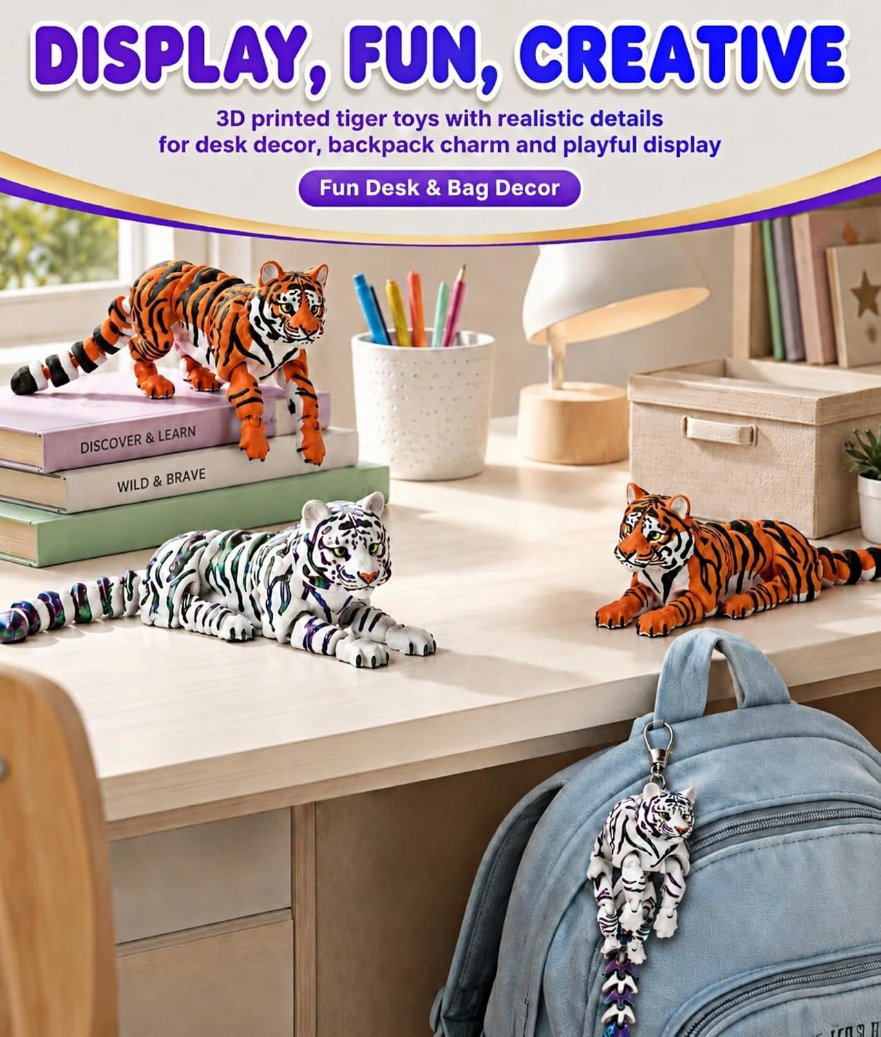 White tiger articulated 3D printed animal toy