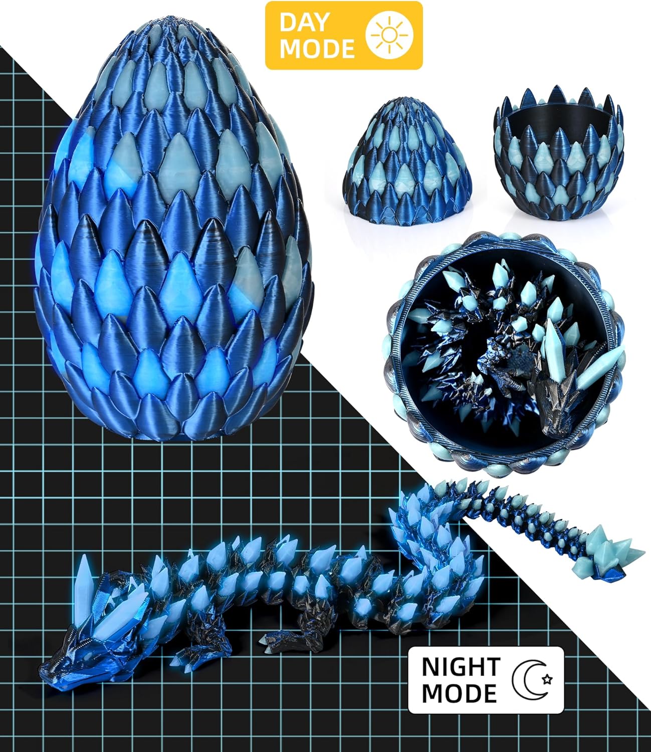Glow in the Dark 3D Printed Dragon Fidget Toy with Egg (Laser Blue)