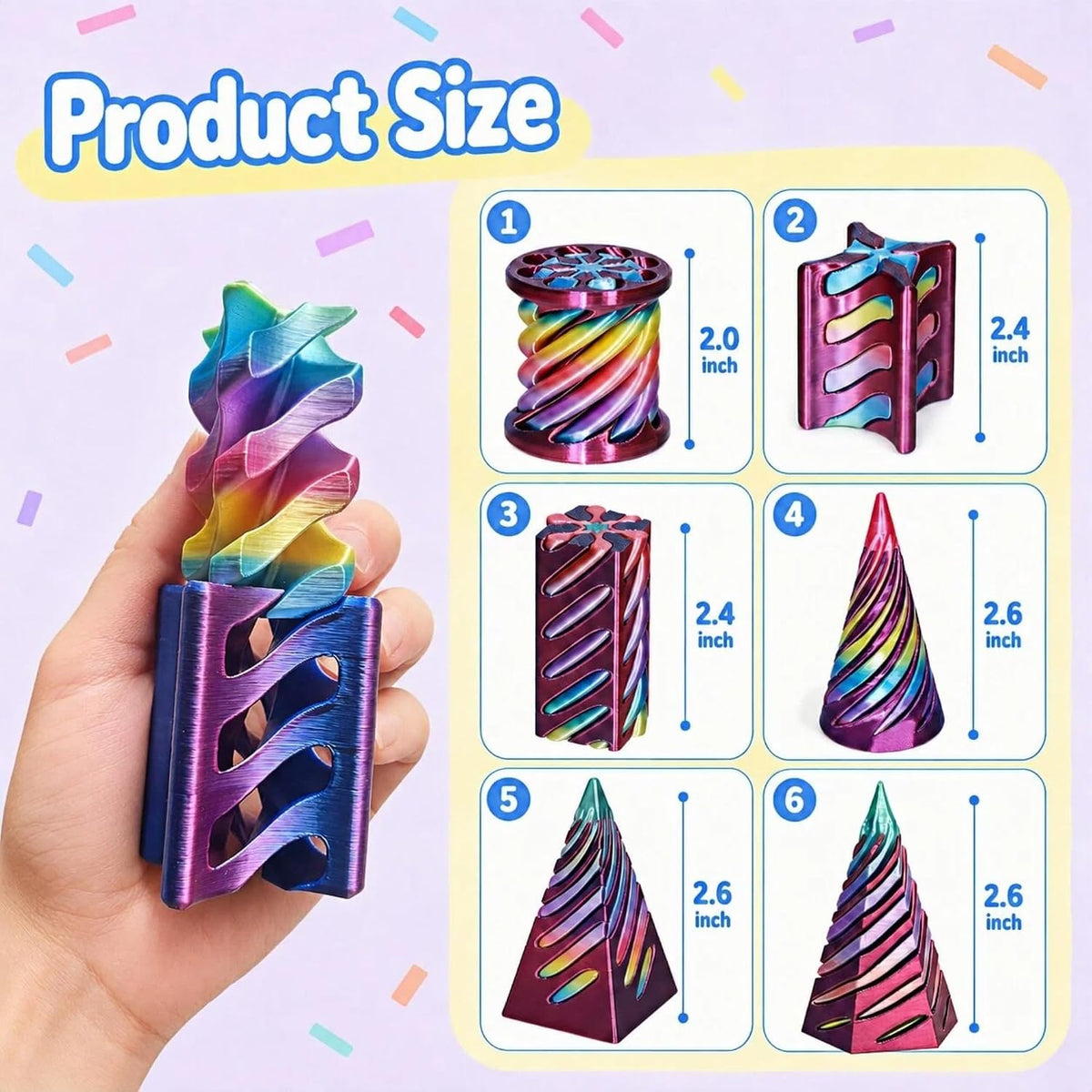 Impossible cone fidget toy size guide showing six geometric designs