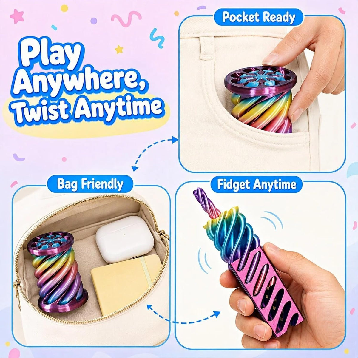 Portable geometric fidget toys for pockets bags and desk play