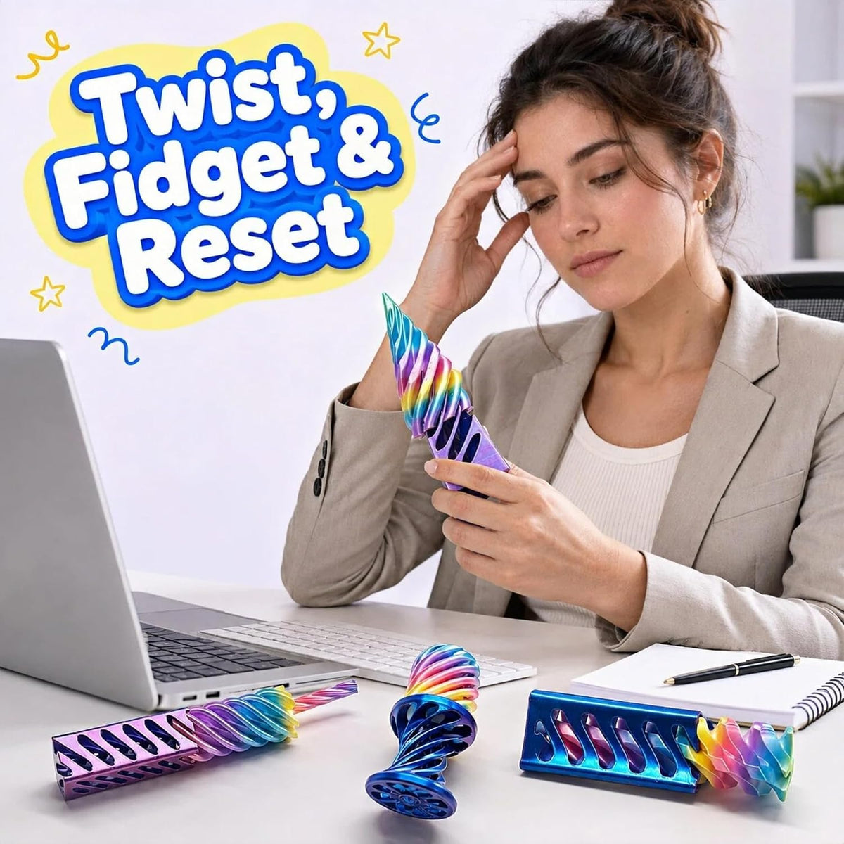 3D printed impossible cone fidget toys on an office desk