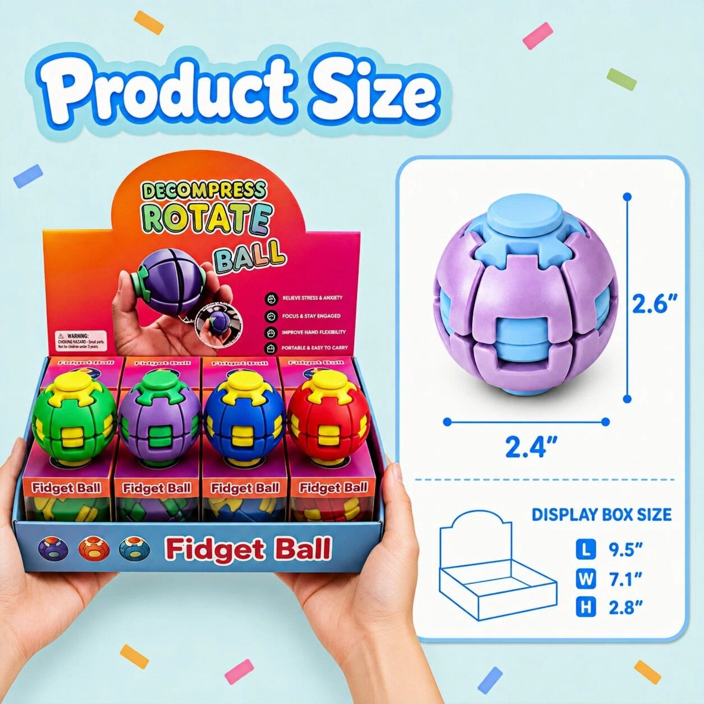 HelixCore fidget spinner ball product size and display box dimensions